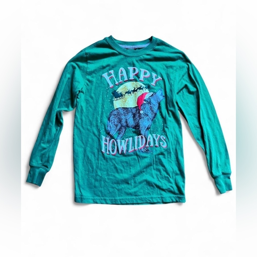 Holiday Time Teal Long Sleeve Shirt with Festive Wolf Design